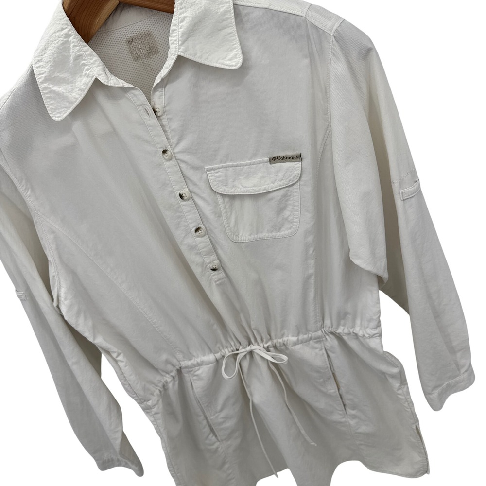 Columbia PFG Womens Shirt Dress M White Long Sleeve Nylon‎ Fishing UPF